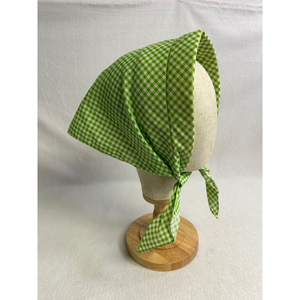 Vintage Cottagecore Picnic Women OS Green Gingham Triangle Tie Head Scarf